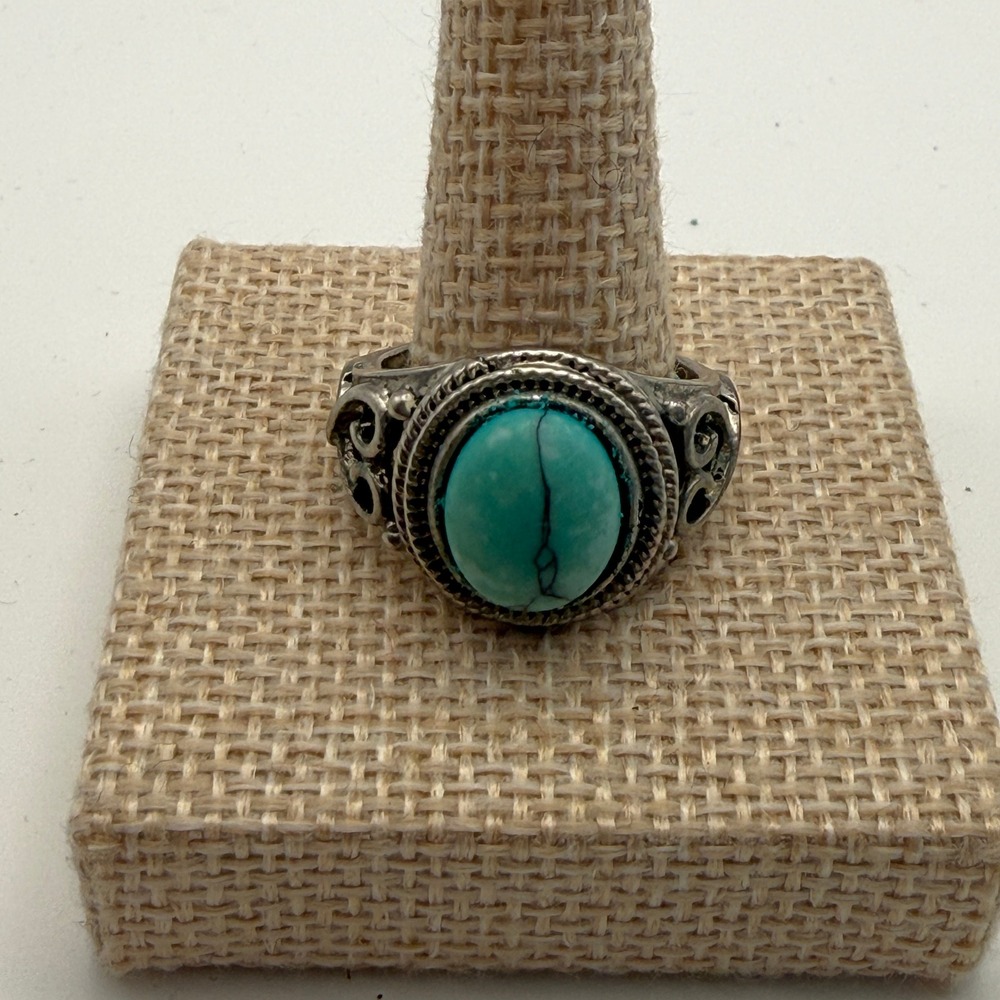 Turquoise Blue sz 9 Sterling Silver 925 Filigree Statement Ring Boho